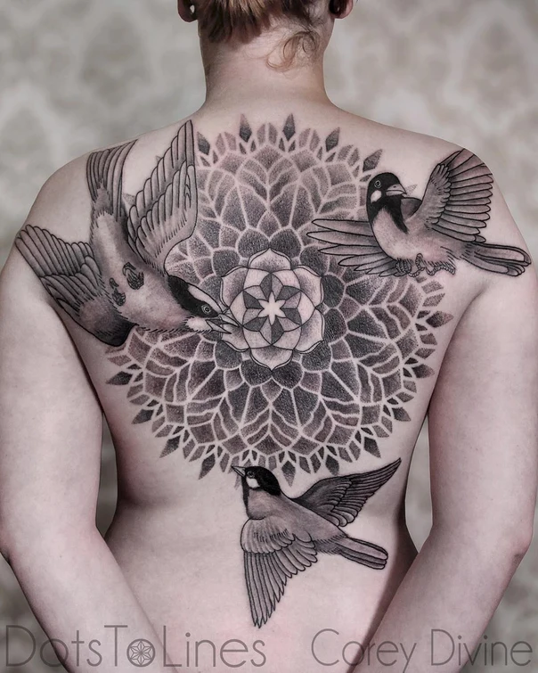 Dotwork Bird, Mandala tattoo on Full Back