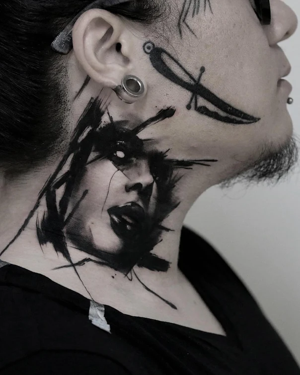 Blackwork Face, Abstract tattoo on Neck