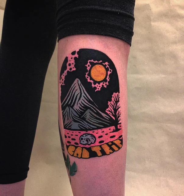 Illustrative Mountain, Skull tattoo on Calf