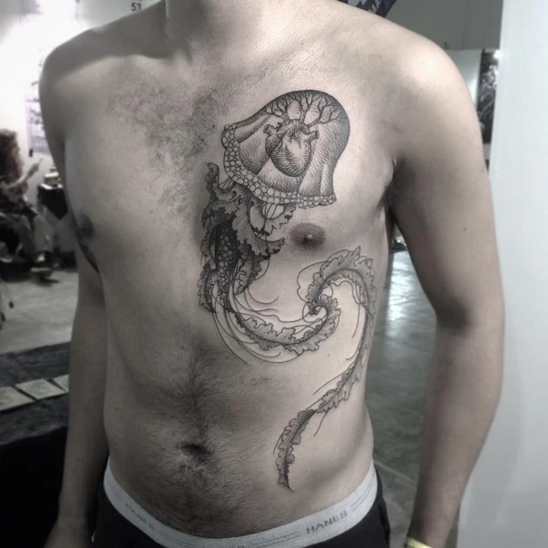 Blackwork Jellyfish, Heart tattoo on Chest
