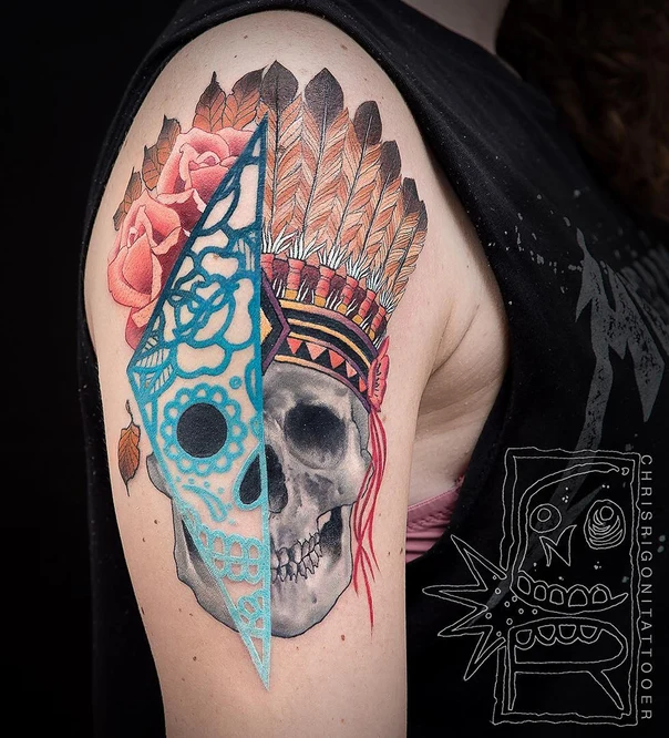 Neo Traditional Skull, Rose tattoo on Upper Arm