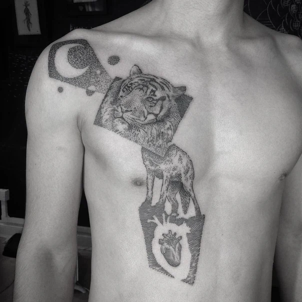 Blackwork Tiger, Moon tattoo on Chest