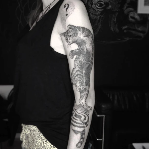 Black & Grey Cat, Question mark tattoo on Full Sleeve