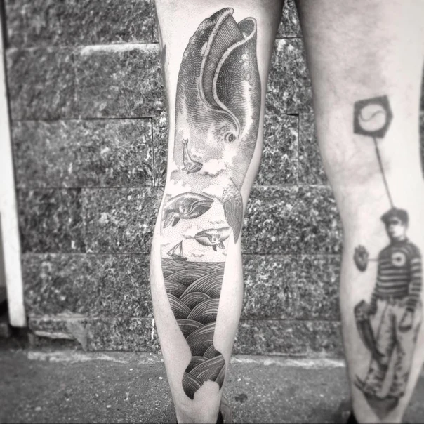 Engraving Whale, Ocean tattoo on Calf