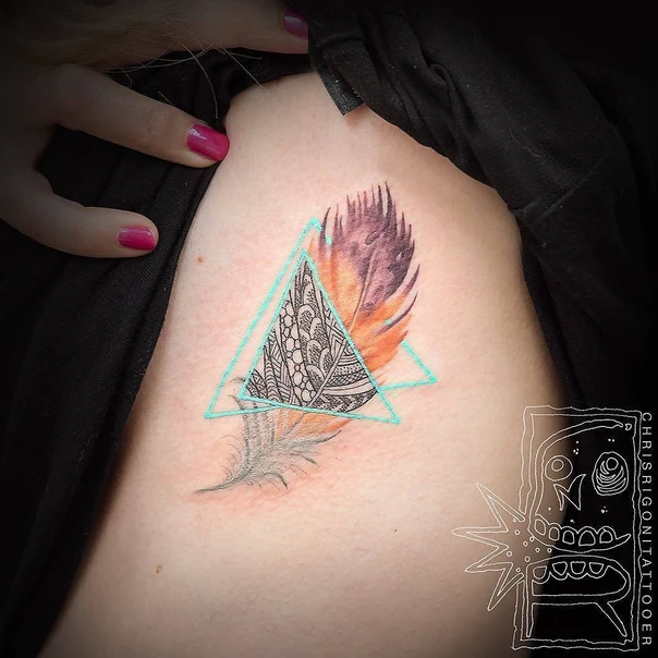 Illustrative Feather, Geometric tattoo on Ribcage