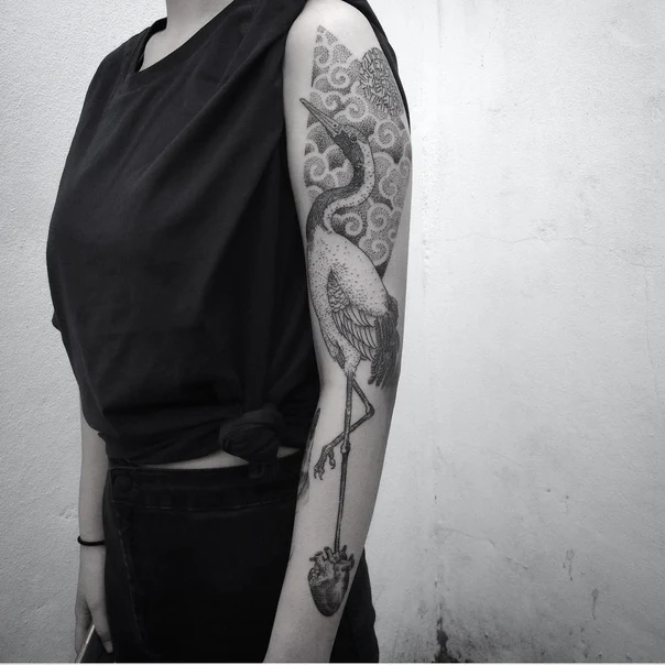 Blackwork Crane, Heart tattoo on Full Sleeve