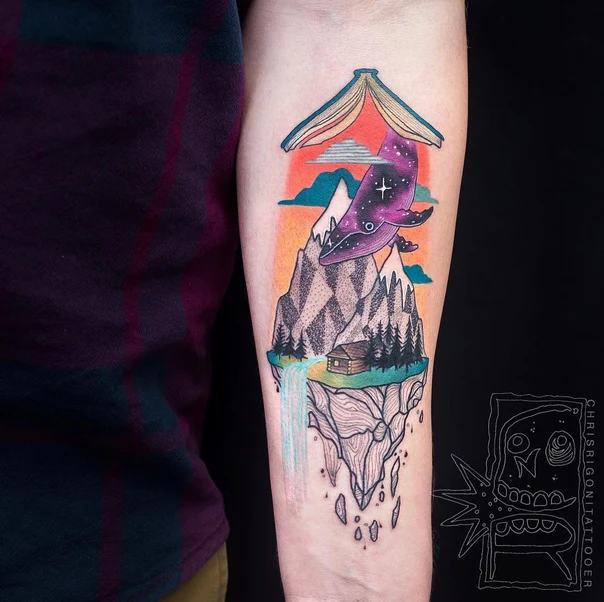 Illustrative Whale, Mountains tattoo on Forearm
