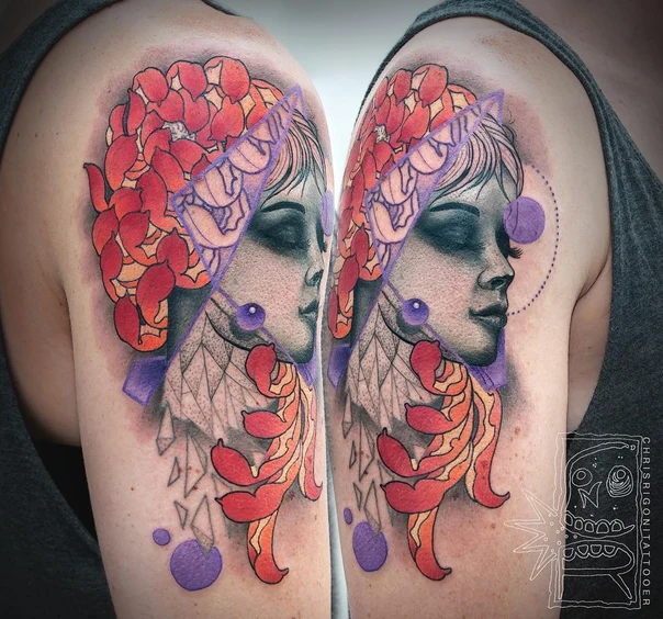 Illustrative Portrait, Floral tattoo on Shoulder