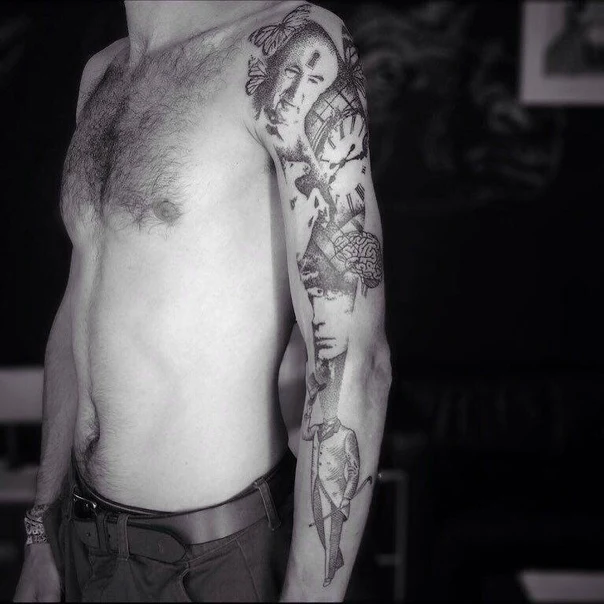 Blackwork Portrait, Clock tattoo on Full Sleeve