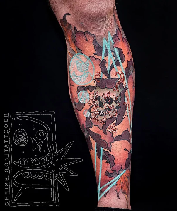 Japanese Skull, Flowers tattoo on Calf
