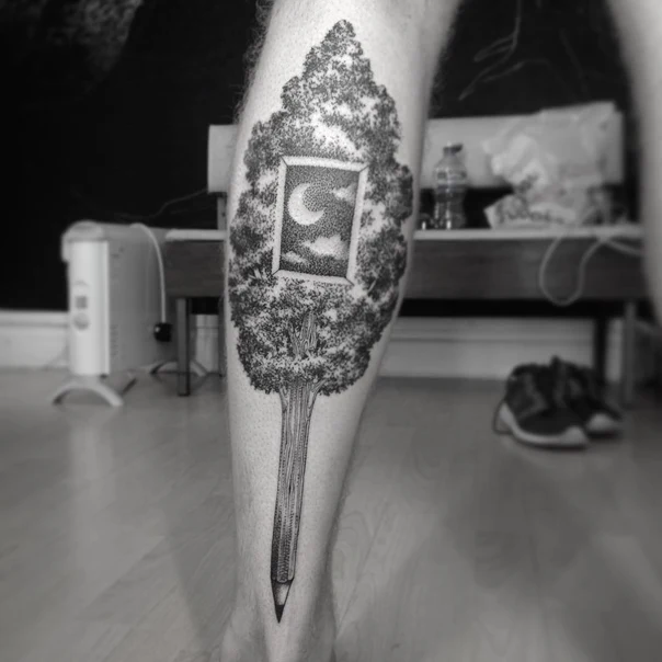 Blackwork Tree, Moon tattoo on Calf
