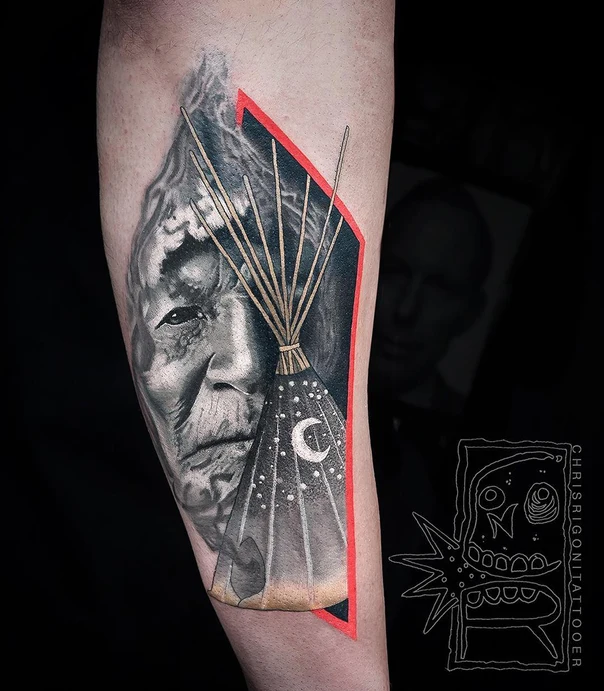 Black & Grey Portrait, Teepee tattoo on Forearm