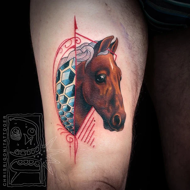 Realism Horse, Geometric tattoo on Thigh