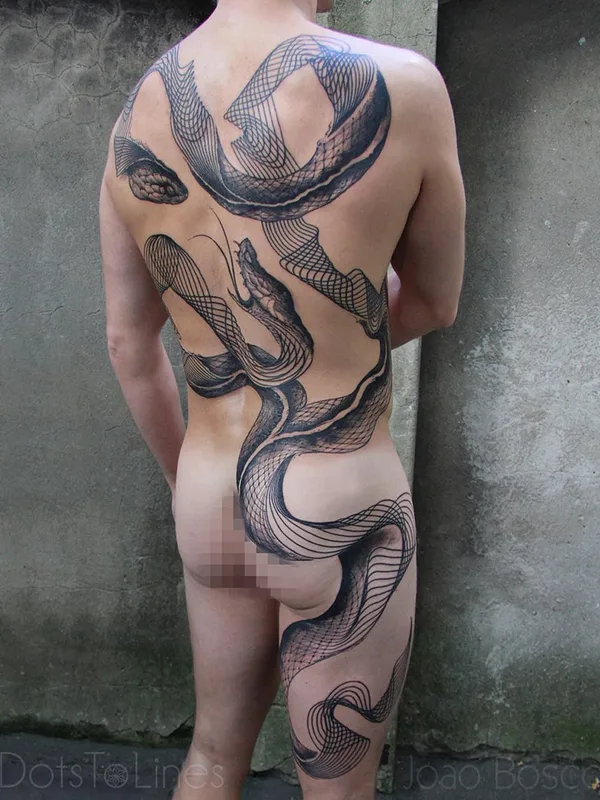 black and grey linework tattoo on full back #4849 | Tattoo Artist Chaim Machlev