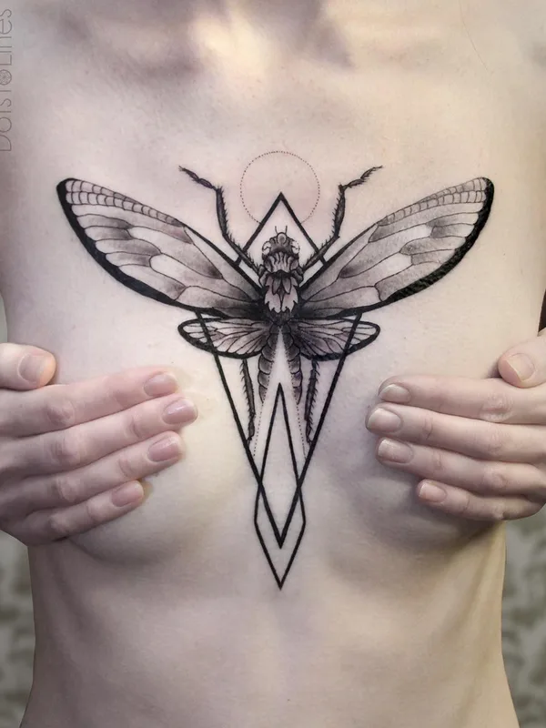 female black and grey geometric tattoo on sternum #4856 | Tattoo Artist Chaim Machlev