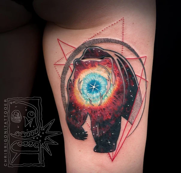 Illustrative Bear, Galaxy tattoo on Thigh