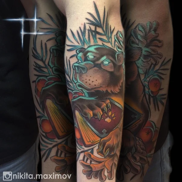 Illustrative Bear, Book tattoo on Forearm