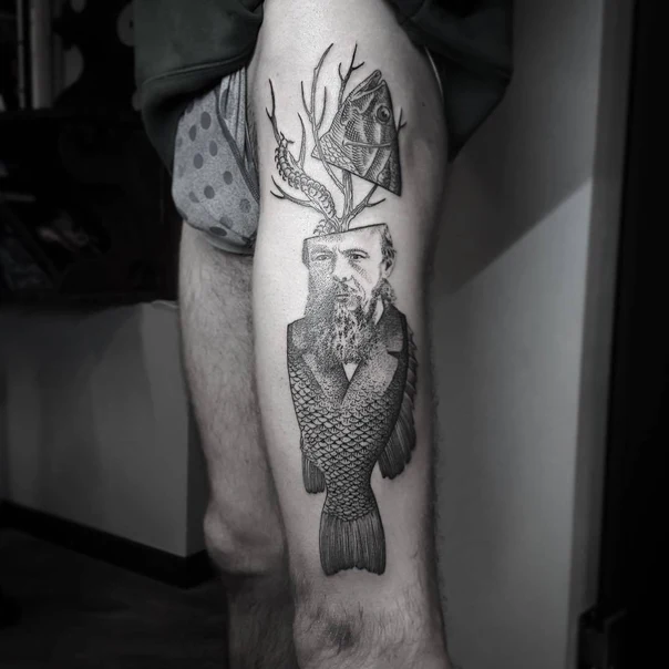 Surrealism Fish, Portrait tattoo on Thigh