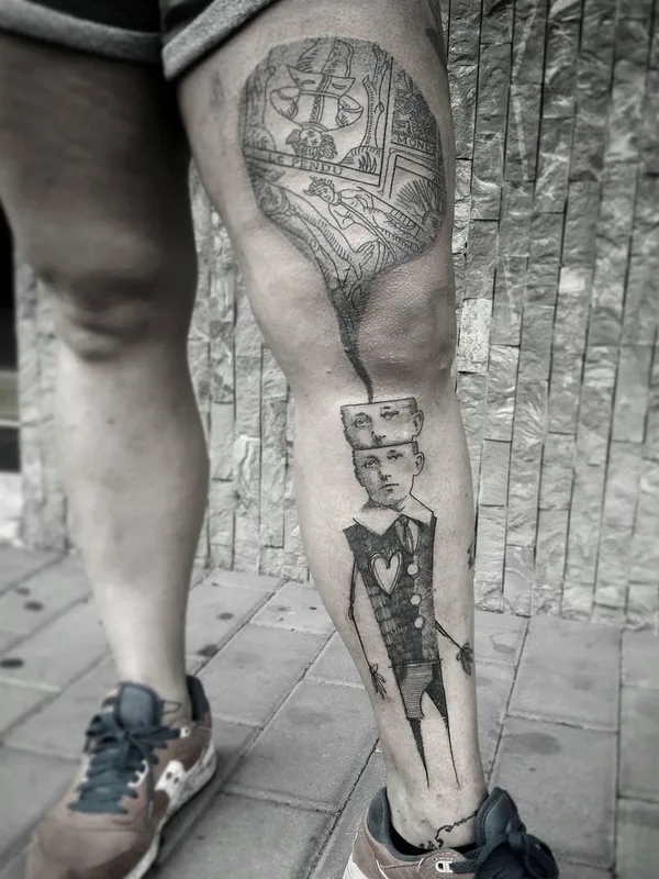 black and grey sketch tattoo on calf #4973 | Tattoo Artist Otto D’Ambra