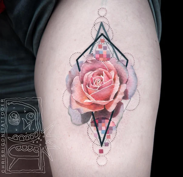 Watercolor Rose, Geometric tattoo on Thigh
