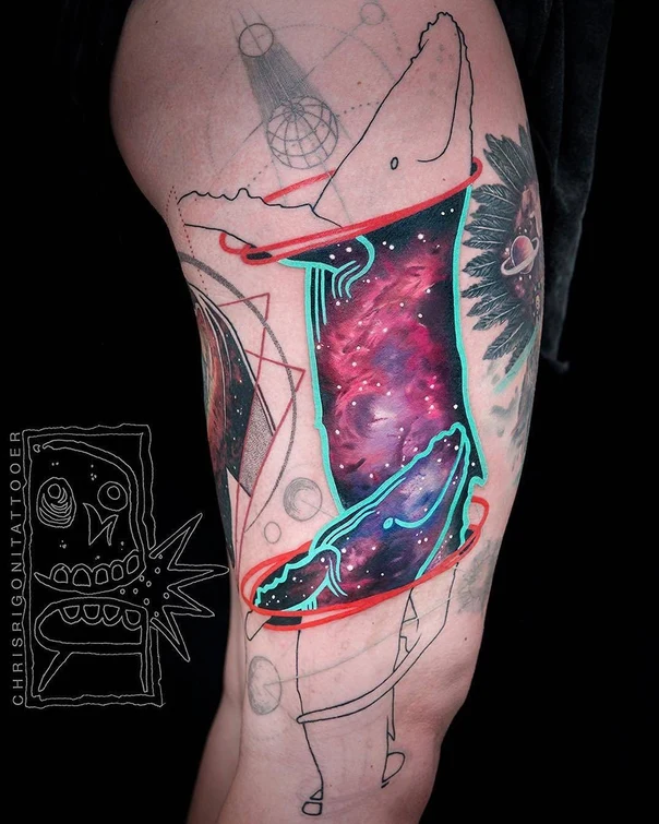Illustrative Whale, Galaxy tattoo on Thigh