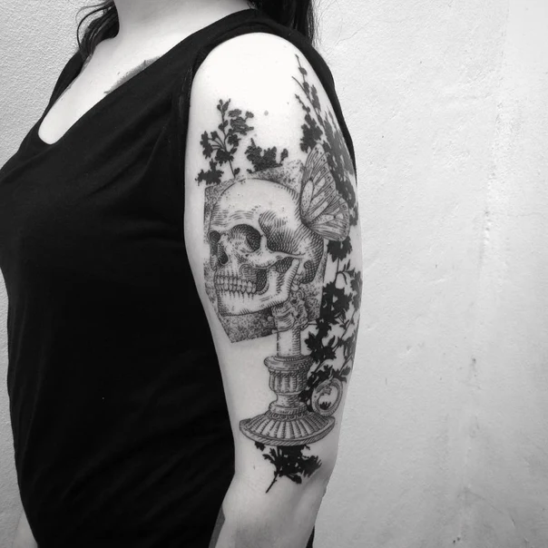 Blackwork Skull, Butterfly tattoo on Upper Arm