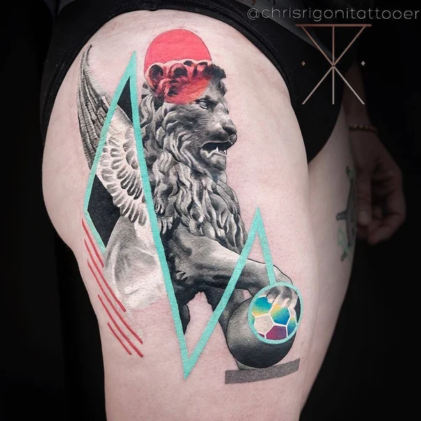 Realism Lion, Wings tattoo on Thigh