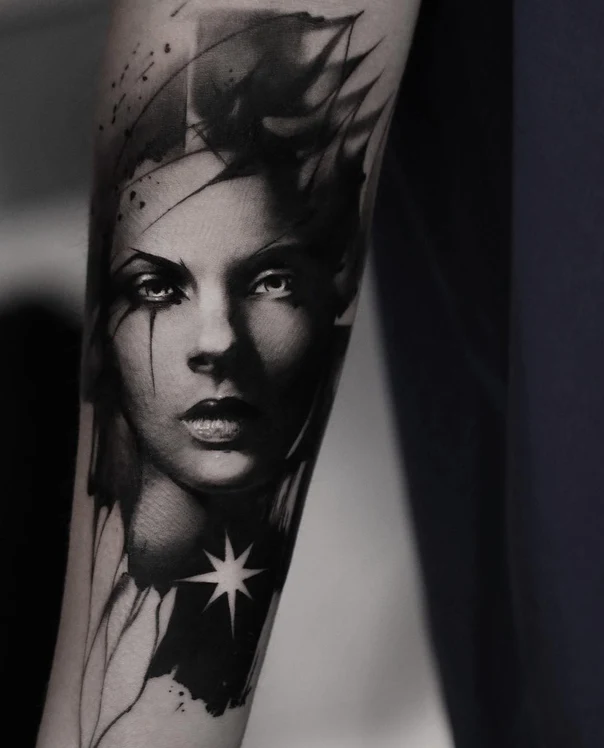 Realism Portrait, Star tattoo on Forearm