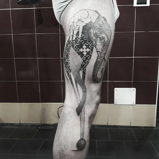 Black & Grey Elephant, Hand tattoo on Thigh