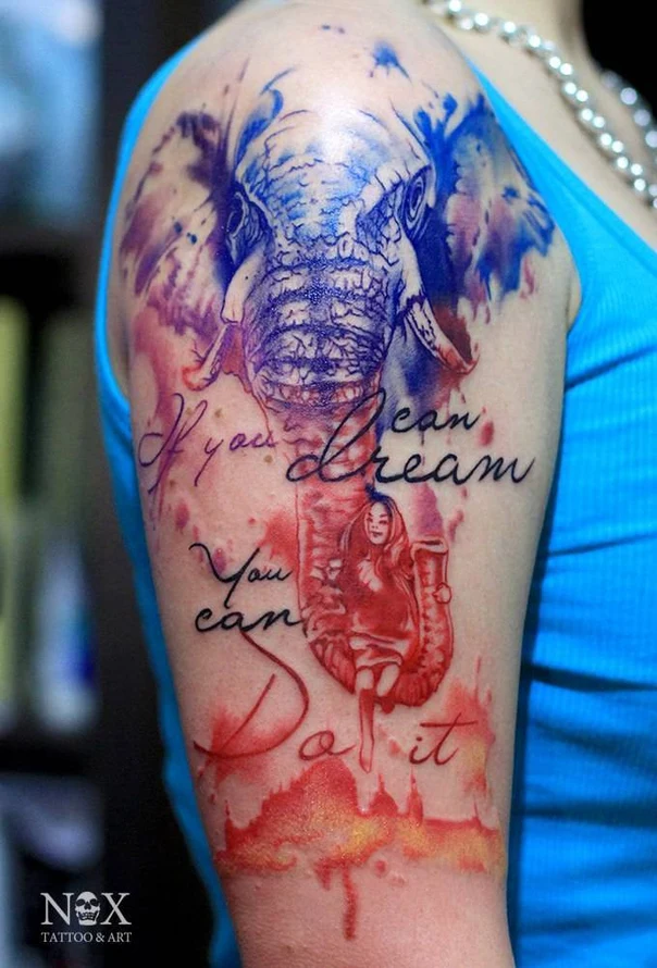 Акварель Elephant, Girl tattoo на Плечо