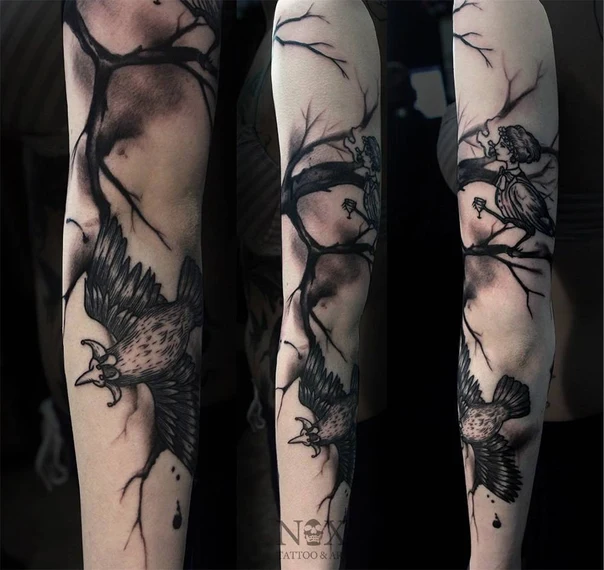 Блэкворк Bird, Tree tattoo на Полный рукав