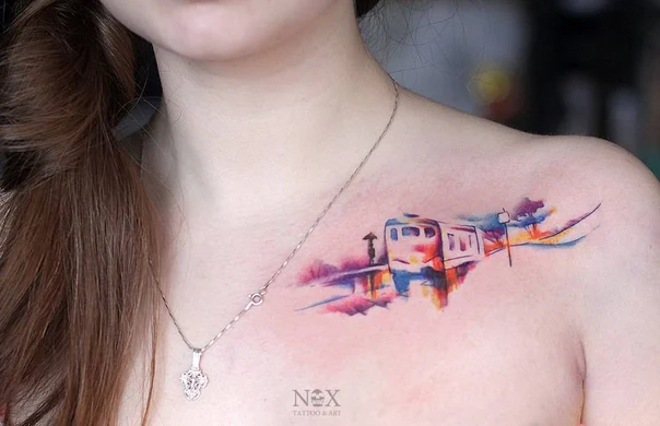 Акварель Train, Landscape tattoo на Collarbone