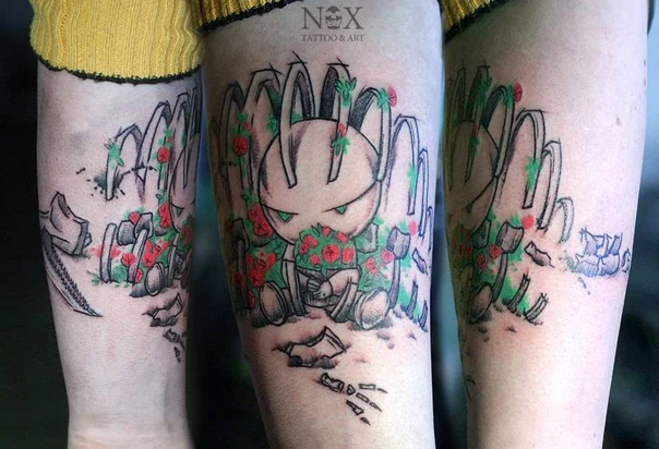 Cartoon Character, Flowers tattoo на Предплечье