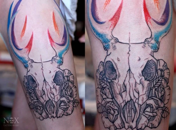 Лайнворк Skull, Roses tattoo на Бедро