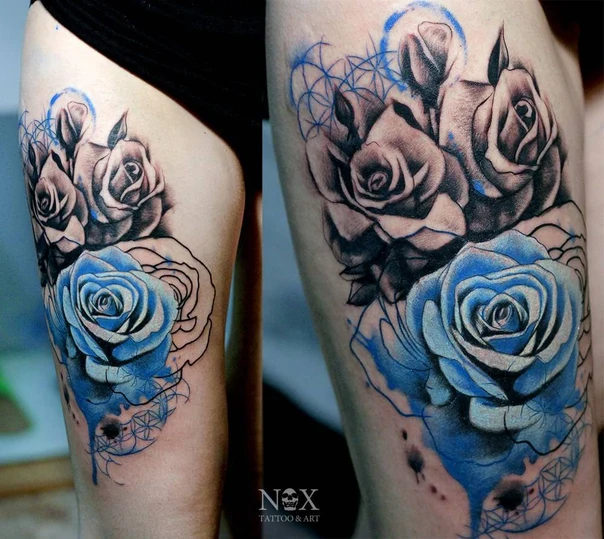 Акварель Rose, Geometric tattoo на Thigh