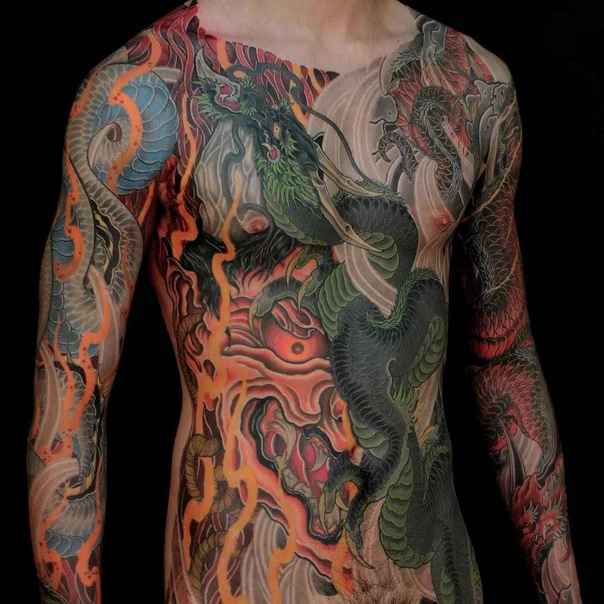 Japanese Dragon, Fire tattoo on Full body