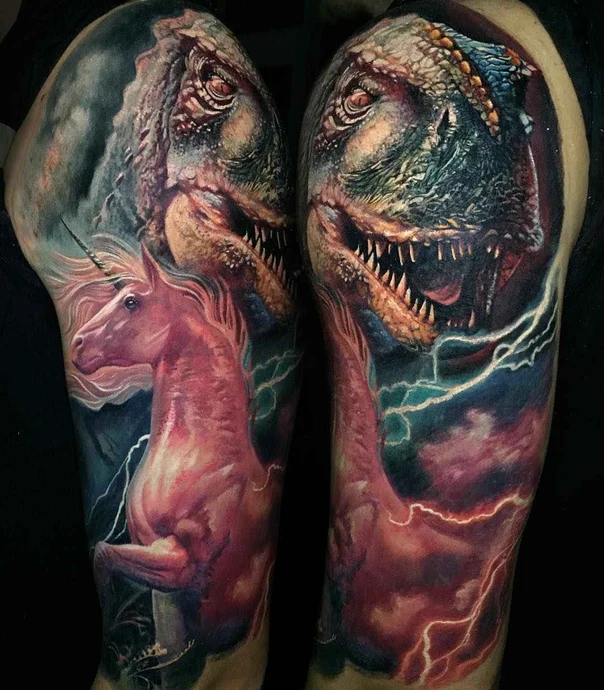 Realism Dinosaur, Unicorn tattoo on Full Sleeve