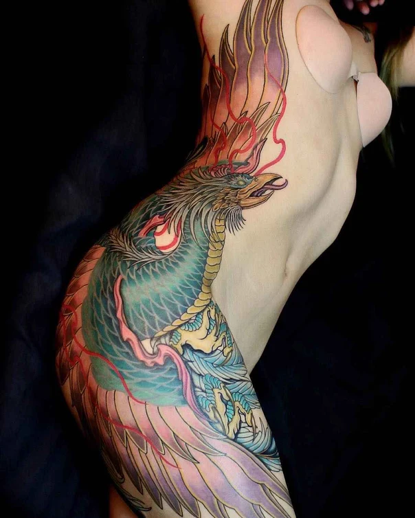 Japanese Phoenix, Dragon tattoo on Side