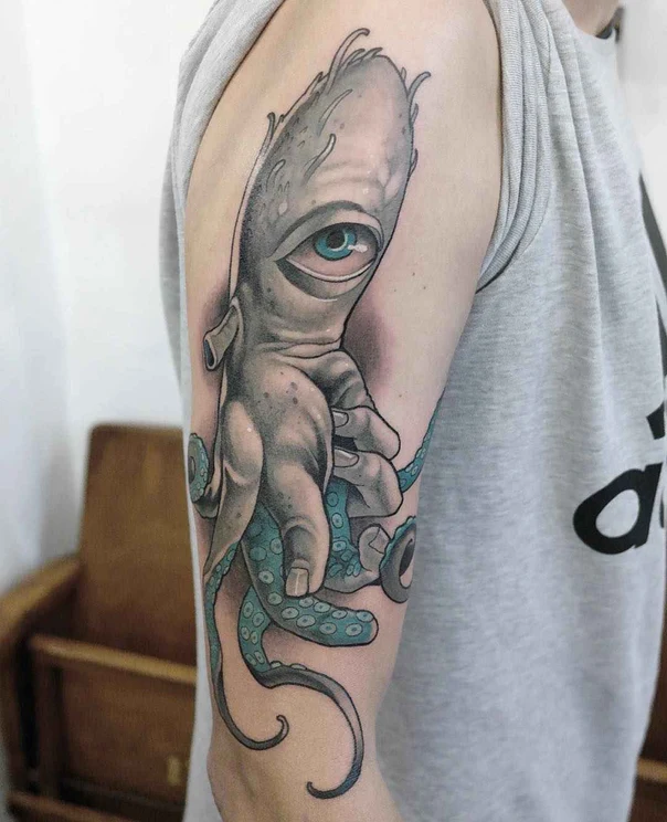 Surrealism Octopus, Eye tattoo on Upper Arm