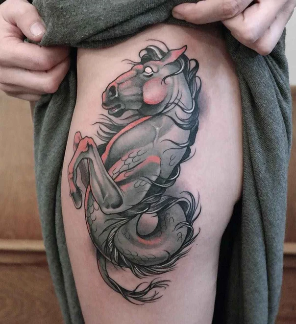 Neo Traditional Mythical creature, Horse tattoo on Thigh