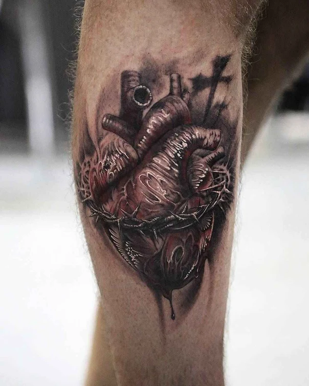 Realism Heart, Thorns tattoo on Calf