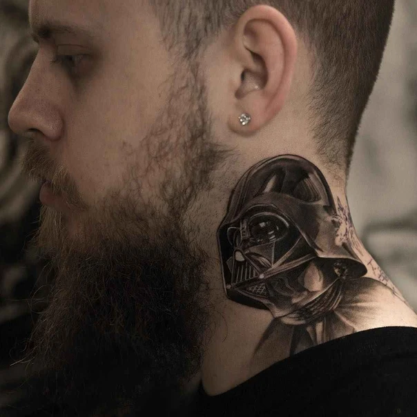 Black & Grey Darth vader, Star wars tattoo on Back of Neck