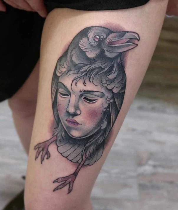 Neo Traditional Crow, Face tattoo on Thigh