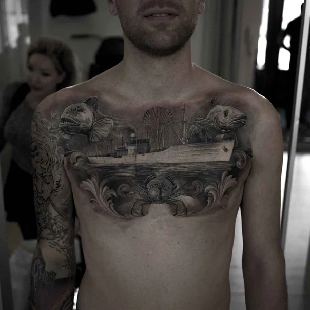 Realism Fish, Ship tattoo on Chest