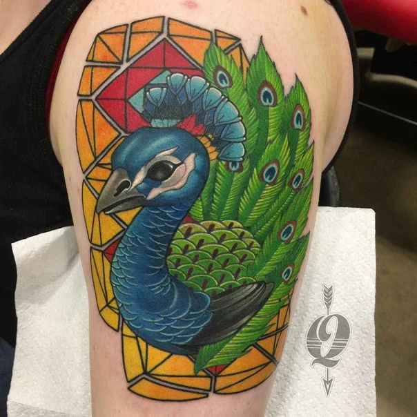 Illustrative Peacock, Stained glass tattoo on Upper Arm