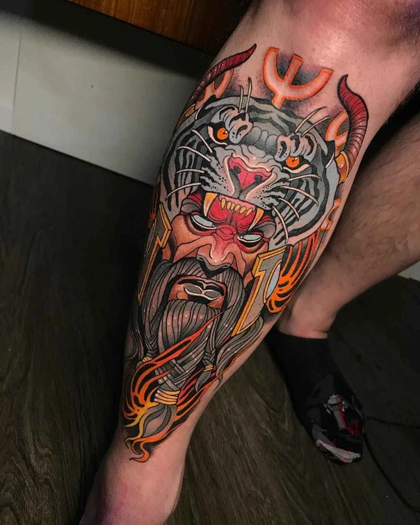 Japanese Tiger, Warrior tattoo on Calf