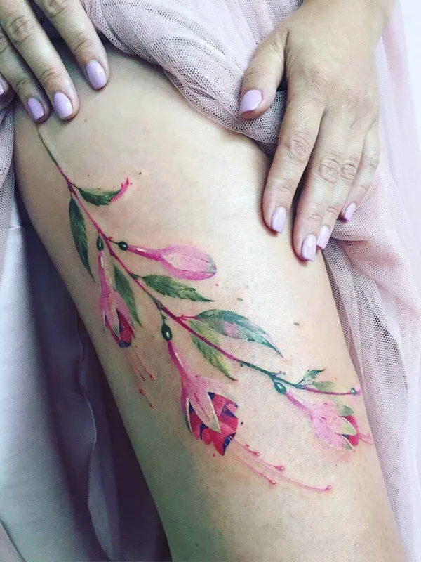 female color watercolor, botanic tattoo on leg #15212 | Tattoo Artist Pis Saro