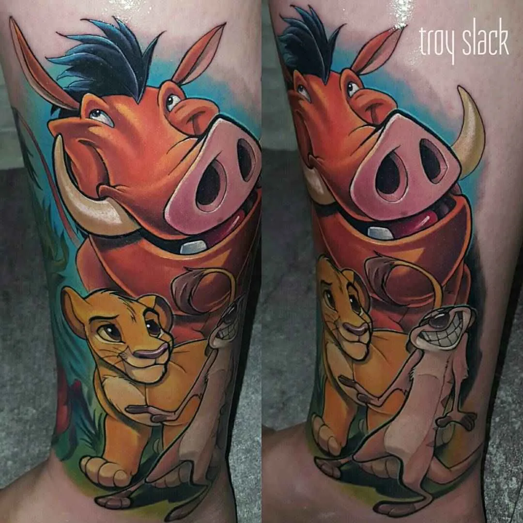 Artista de tattoo Troy Slack tattoo colorida da escola nova, personagens de quadrinhos e desenhos animados 