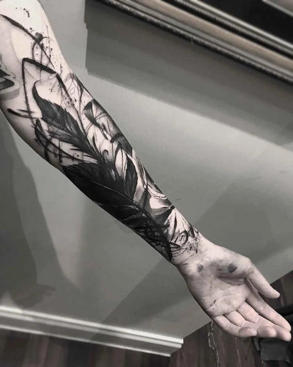 Blackwork Feather, Splatter tattoo on Forearm