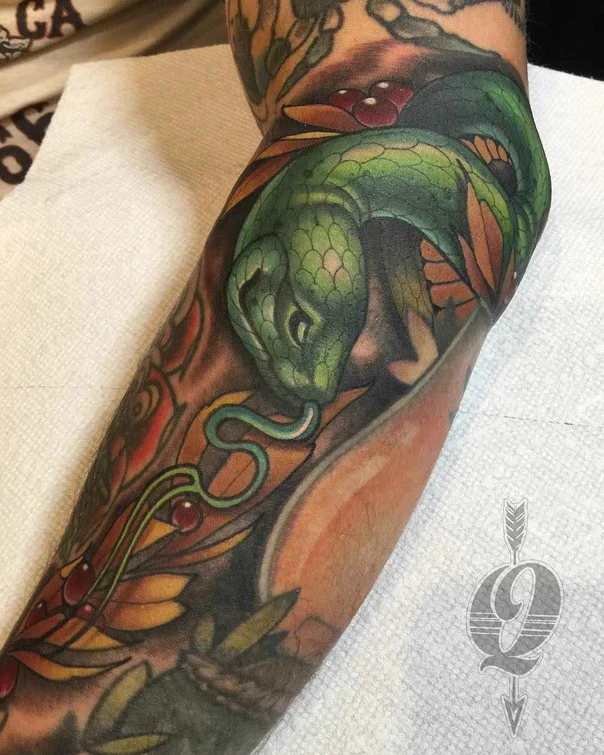 Neo Traditional Snake, Botanic tattoo on Forearm